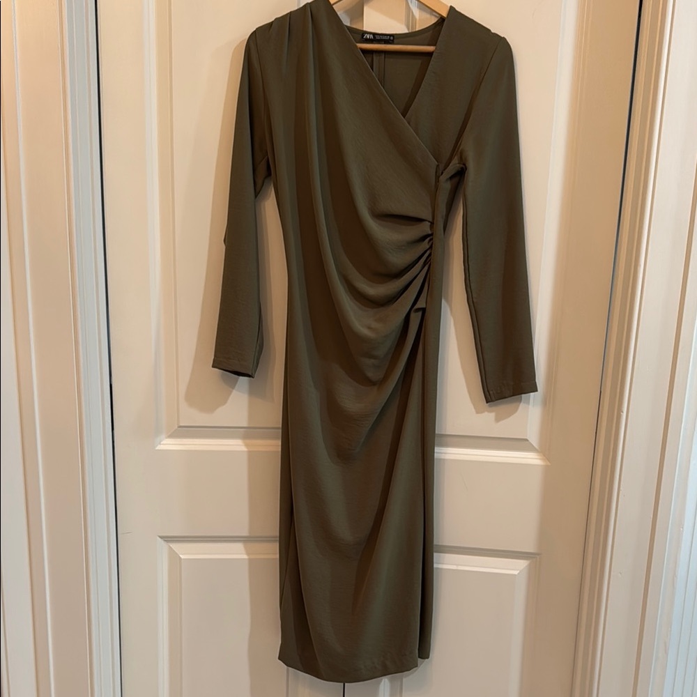 Zara Olive Green Draped Midi Dress